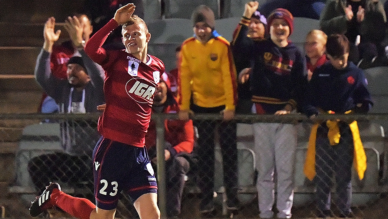 Jordan Elsey celebrates opening the scoring for Adelaide United in the FFA Cup