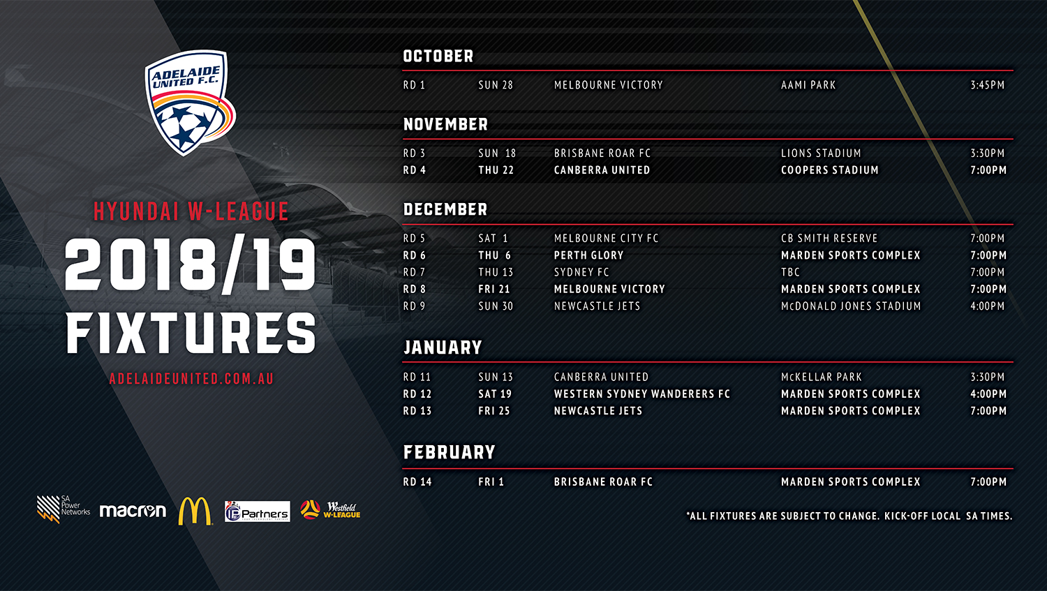Adelaide United W-League 2018 fixtures