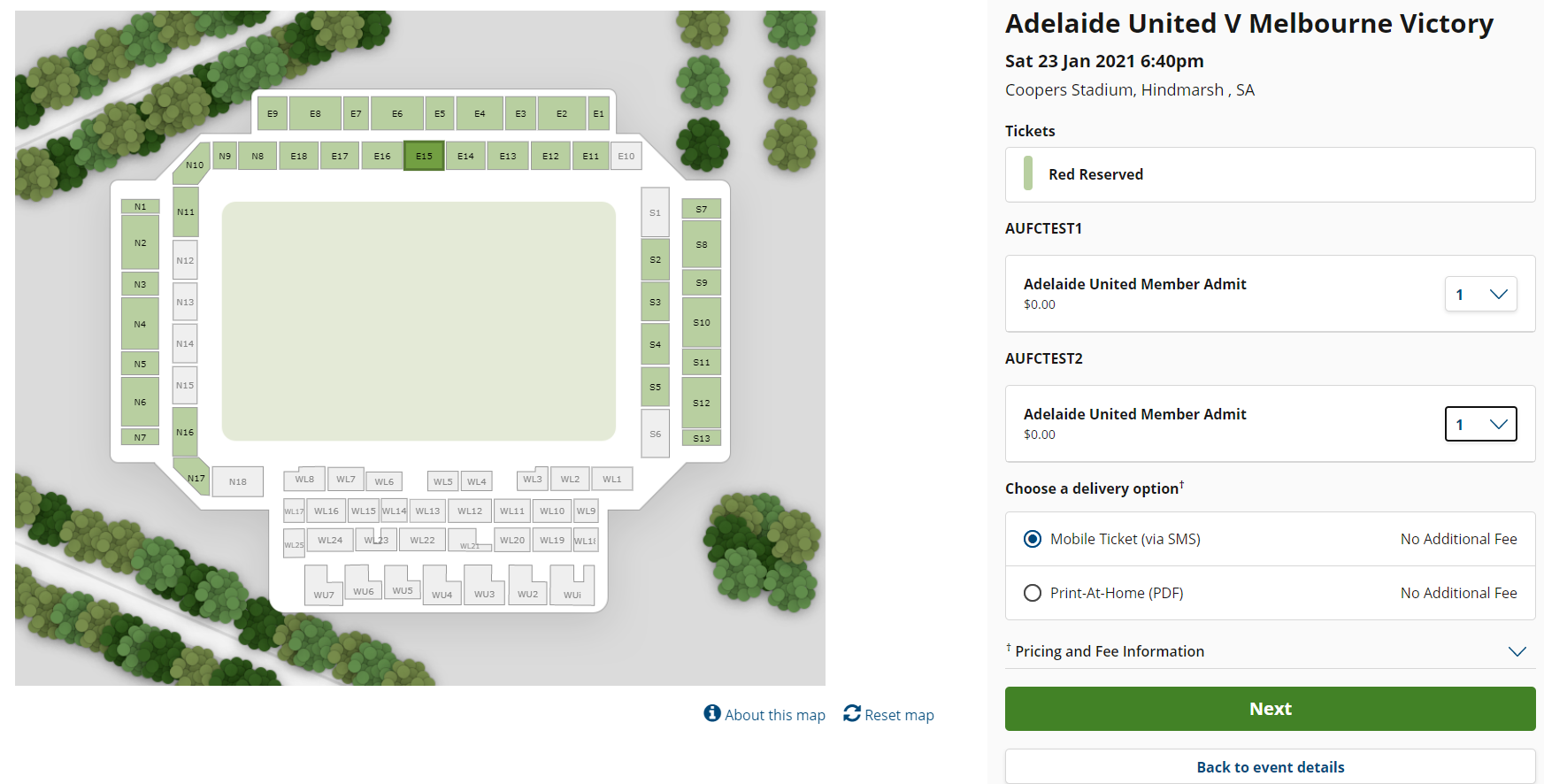 Adelaide United Ticketing map