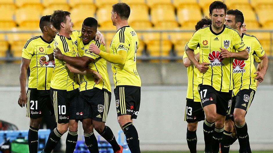Phoenix players celebrate Michael McGlinchey's goal in their 3-2 win over the Roar.