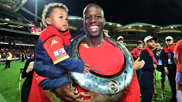 Bruce Djite celebrates following Adelaide United's 3-1 win over the Wanderers.