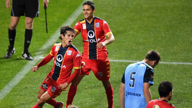 Pablo Sanchez celebrates scoring Adelaide's first-half equaliser.