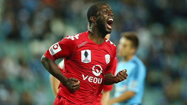 Djite celebrates after scoring against Sydney FC.