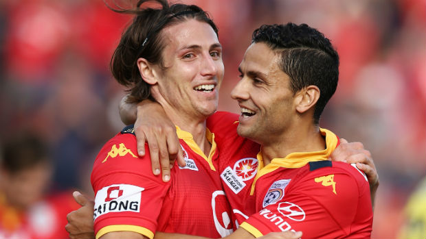 Adelaide defender Michael Marrone celebrates scoring his first ever A-League goal.