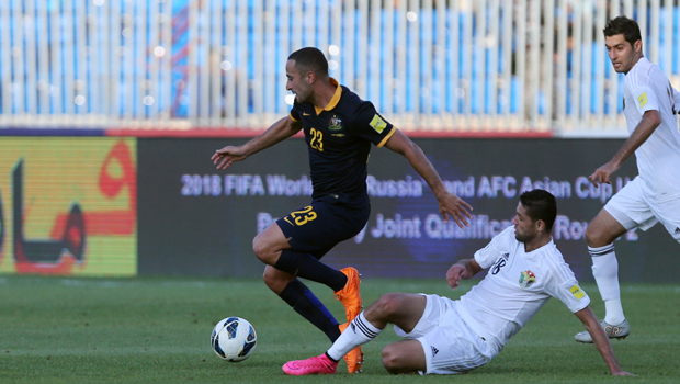 Tarek Elrich representing the Socceroos against Jordan in Amman.
