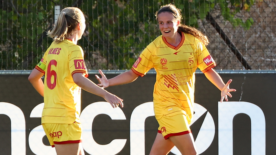Emily Condon celebrates her winner for Adelaide United Women vs Perth
