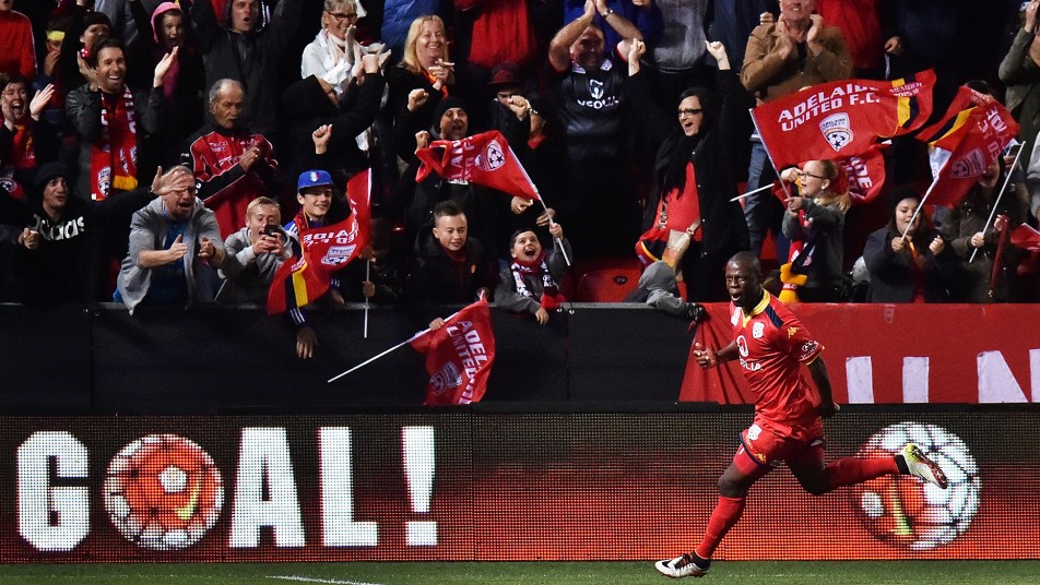 Bruce Djite celebrates scoring against Melbourne City in the 2016 Semi Final at Coopers Stadium.