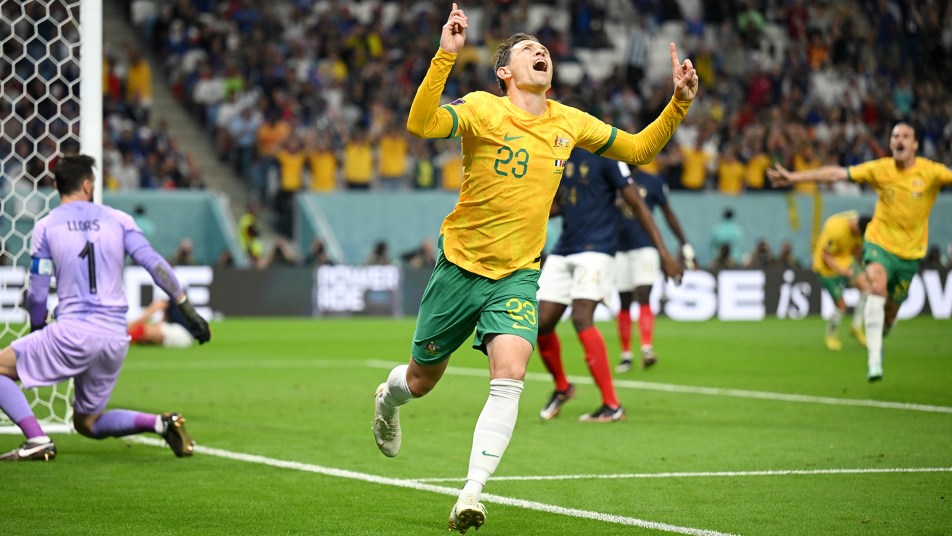 Craig Goodwin celebrates scoring Australia's opening goal of the 2022 World Cup.