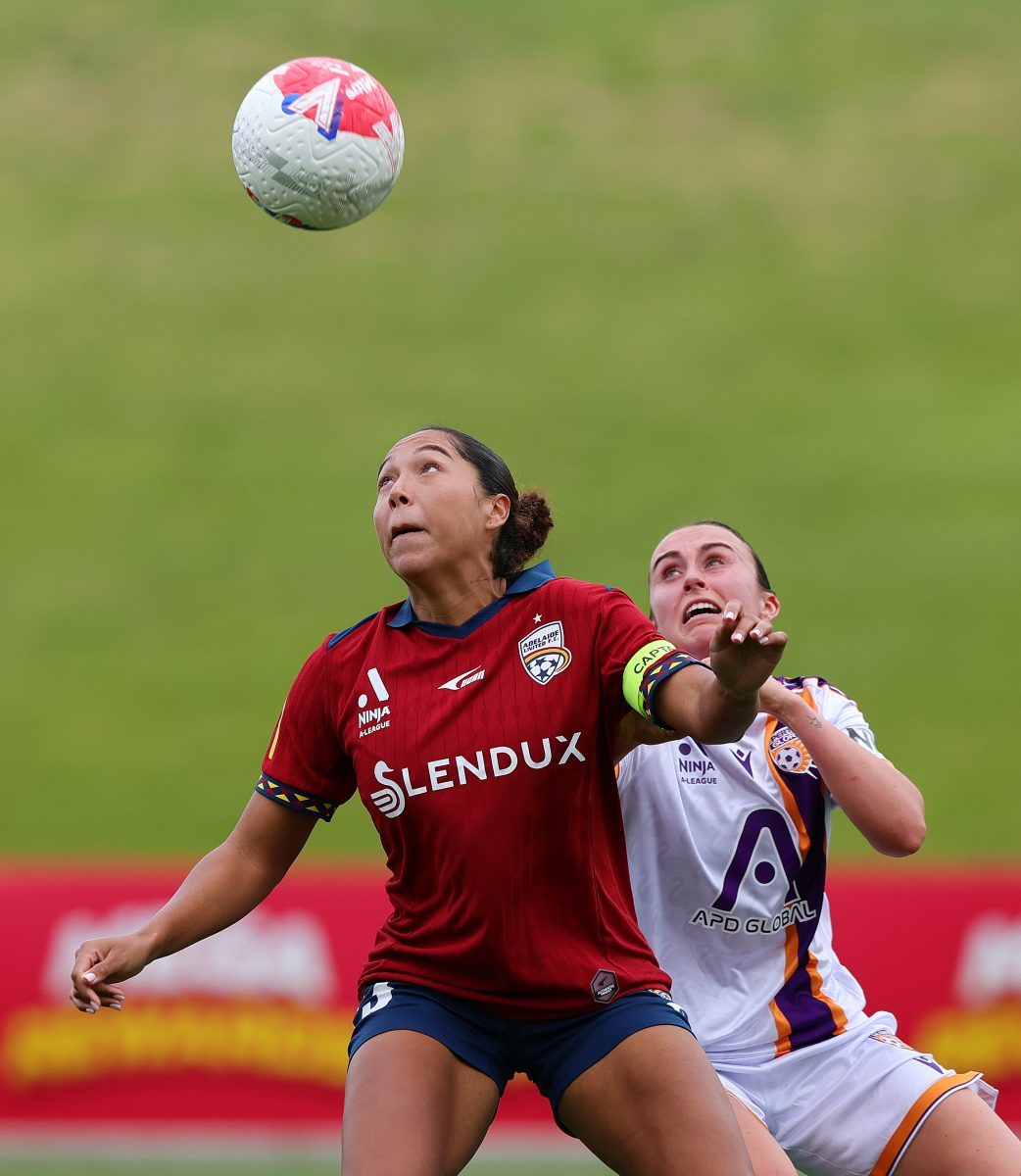 Tianna Harris of Adelaide United and Bronte Trew of Perth Glory at Service FM Stadium.