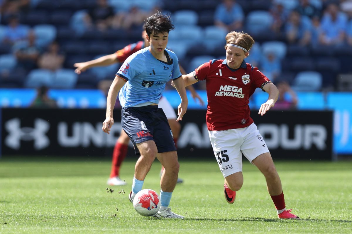 Wataru Kamijo of Sydney FC and Brody Burkitt of Adelaide United compete for the ball at Allianz Stadium.