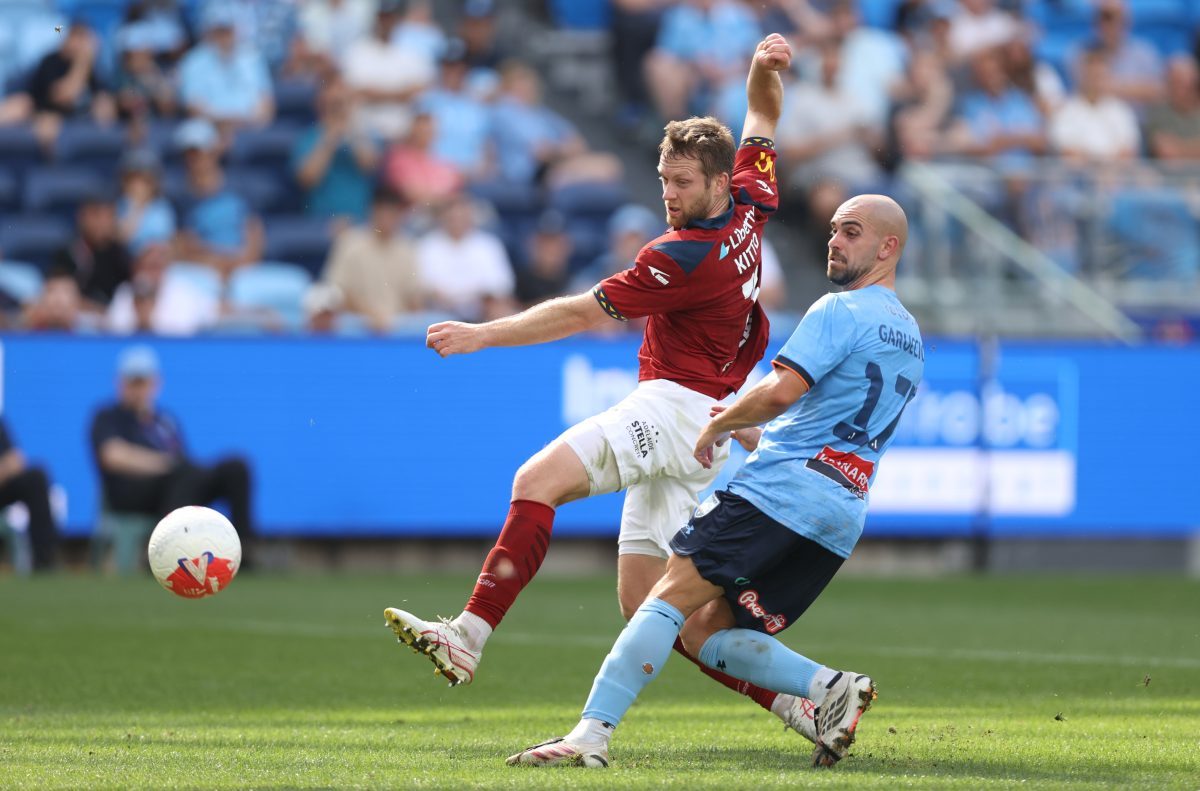 Ryan Kitto of Adelaide United shoots at goal at Allianz Stadium.